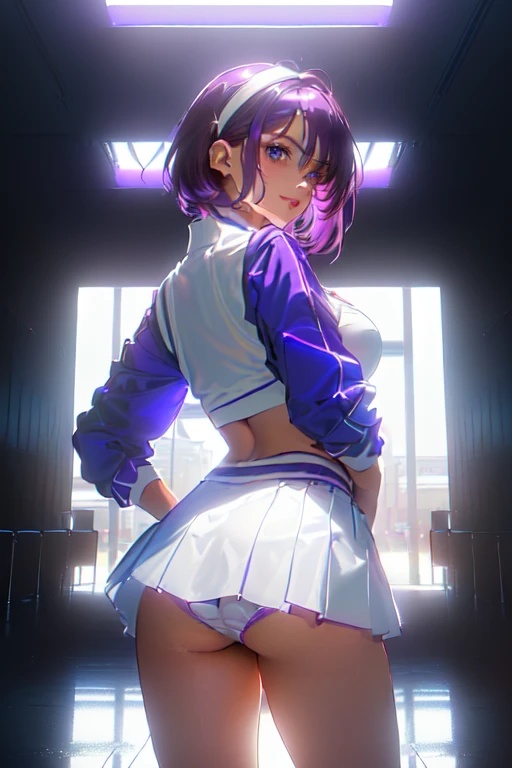((tanned adult woman), ((short purple hair, blue colored eyes,)), slender, beautiful smile, (( dressed like a race queen,white top, white , showing  )) , red lipgloss stick, ((standing backwards, looking at the camera, showing the  )) ((White-, tight, highlighting the  and )), Masterpiece artwork, high qualiy, background lighting ))