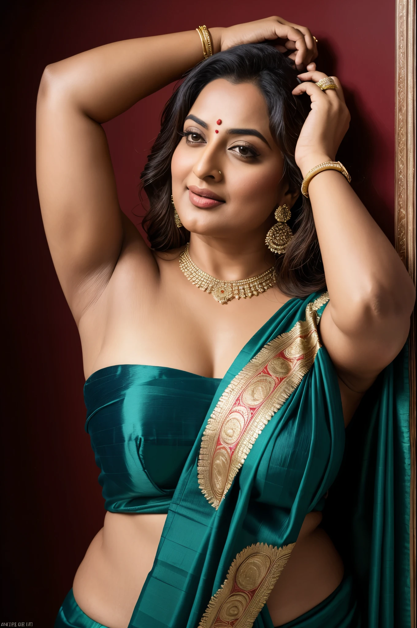 50 years old mature Woman, thick fleshy body, heavy figure, Foto RAW, photorealistic, photography, full body shot, master shot, goddess like beauty, perfect thick chubby mallu Desi aunty bhabhi, Wearing a Stanapatta, a chest-band.Saree model, model Photography, Indian saree shoot, Indian traditional wear advertising photography, traditional wear brand shoot, face of Indian actress Sonakshi Sinha, masterpiece, realistic, realism, incredible details,  pleasure, photorealism, detailed skin, skin pores, high contrast, photorealistic Artstation 8k HD digital art trend of high definition and detailed realistic skin texture, ultra detail, realistic skin texture, armature, best quality, ultra high definition, (photorealistic:1.4),, high resolution, detail, raw photo, Re sharp, by Lee Jefferies Nikon D850 Film Stock Photo 4 Kodak Portra 400 Camera F1.6 Lens Rich Color Ultra Real Realistic Realistic Textures Dramatic Lighting Unreal Engine Trending at Art Station Cinestill 800,(pele altamente detalhada: 1.2), 8k UHD, DSLR, soft-lighting, alta qualidade, grain of film, Fujifilm XT3,she didn't like to wear blouse or , she  happy to wear only saree, she hates blouse or ,