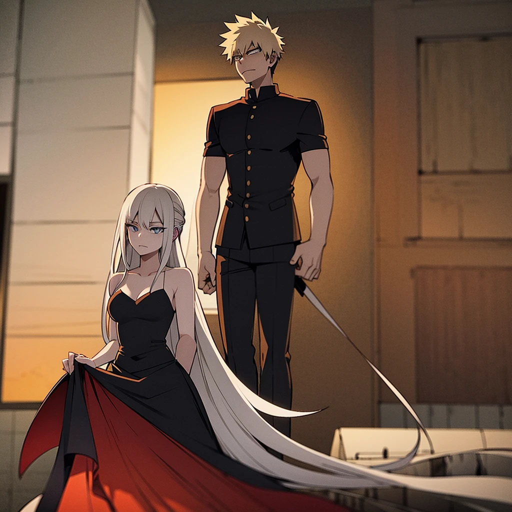 On a rooftop at dusk, Katsuki Bakugo stands tall in his black and orange hero costume. His spiky blond hair gently moves in the evening breeze as he gazes ahead with focused determination.

Approaching from behind, Jun Hime moves quietly. She wears a flowing dress that gracefully sways with her steps, her long dark hair cascading down. With a gentle boldness, she surprises Katsuki by wrapping her arms around him, resting her cheek against his back.

Katsuki initially shows surprise, his stiff posture gradually softening. His expression shifts from initial shock to a mixture of emotions.

The background features a quiet urban landscape with distant lights and a starry sky, enhancing the intimate moment between the two characters. Jun have long white hair and blue eyes.