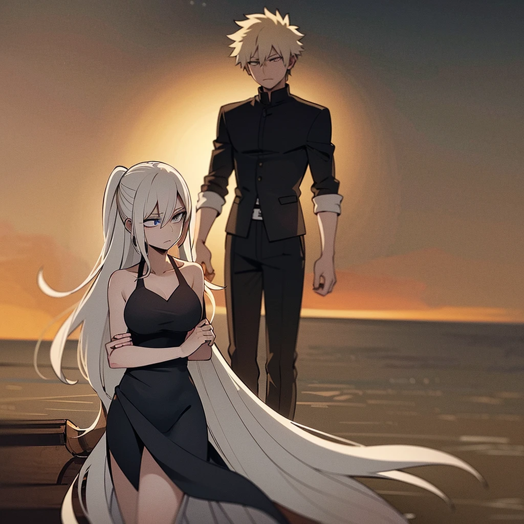 On a rooftop at dusk, Katsuki Bakugo stands tall in his black and orange hero costume. His spiky blond hair gently moves in the evening breeze as he gazes ahead with focused determination.

Approaching from behind, Jun Hime moves quietly. She wears a flowing dress that gracefully sways with her steps, her long dark hair cascading down. With a gentle boldness, she surprises Katsuki by wrapping her arms around him, resting her cheek against his back.

Katsuki initially shows surprise, his stiff posture gradually softening. His expression shifts from initial shock to a mixture of emotions.

The background features a quiet urban landscape with distant lights and a starry sky, enhancing the intimate moment between the two characters. Jun have long white hair and blue eyes.