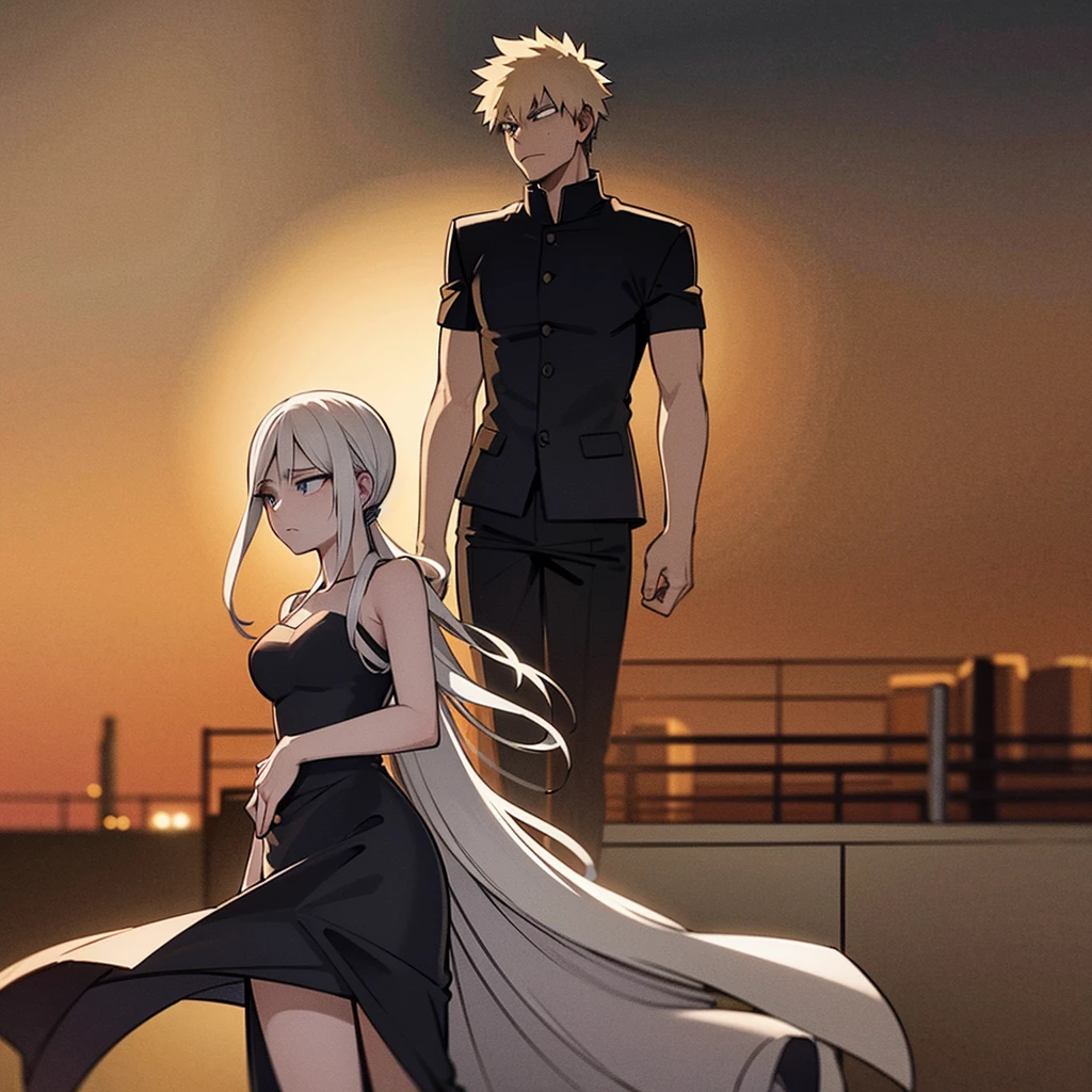 On a rooftop at dusk, Katsuki Bakugo stands tall in his black and orange hero costume. His spiky blond hair gently moves in the evening breeze as he gazes ahead with focused determination.

Approaching from behind, Jun Hime moves quietly. She wears a flowing dress that gracefully sways with her steps, her long dark hair cascading down. With a gentle boldness, she surprises Katsuki by wrapping her arms around him, resting her cheek against his back.

Katsuki initially shows surprise, his stiff posture gradually softening. His expression shifts from initial shock to a mixture of emotions.

The background features a quiet urban landscape with distant lights and a starry sky, enhancing the intimate moment between the two characters. Jun have long white hair and blue eyes.