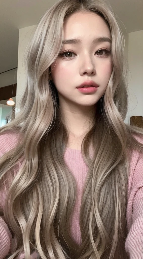 girl with long blonde hair with waves and gray eyes , big lips pink cheeks very beautiful realistic version of spectacular body latin face