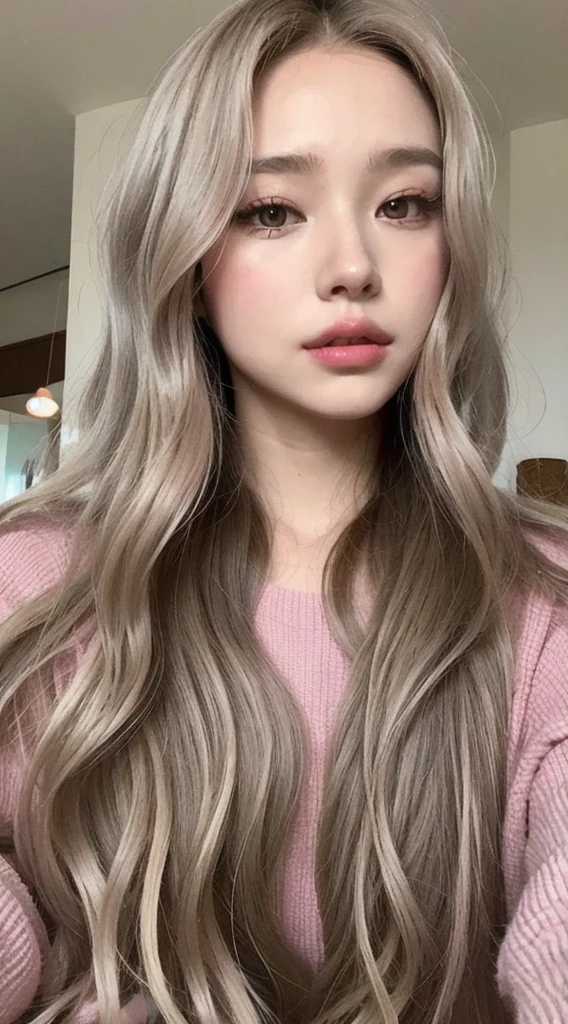 girl with long blonde hair with waves and gray eyes , big lips pink cheeks very beautiful realistic version of spectacular body latin face