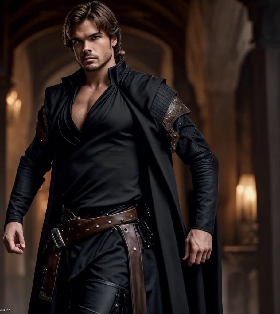 (((Solo character image.))) (((Generate a single character image.)))  (((Dressed in medieval fantasy attire.))) (((Very sexy facial expression.))) Generate a male fantasy character who is a good looking, handsome criminal.  He is a shifty and suspicious individual who is untrustworthy and somewhat sinister.  But he is a confidence trickster. Shoulder-length blond hair.  He looks like a dangerous man.  Handsome.  Intense stare.  He looks like a very sexy male villain for a fantasy setting.  (((Sexually attractive.)))