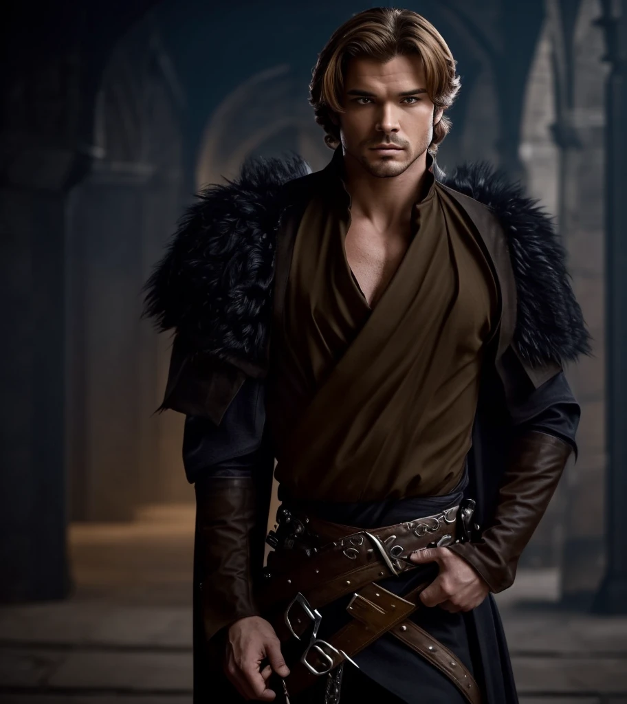 muscular hairy man stripping out of 18th century men’s clothes. Big bulge, hairy chest. Sweaty pectorals. Realistic anatomy. The face of Joe Alwyn.