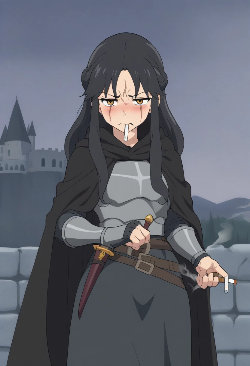 {{full body}} {{Artist: sincos)}} 1woman, mature woman, french braid, long hair, tall, black hair, golden eyes, looking tired, scar over left eye, black cloak, cape, black cape, looking down at viewer, smoking, dagger at hip, dagger, castle background, dark fantasy, cigarette in mouth, smoke from cigarette, detailed background, cold expression, armored, wearing armor, holding sword in one hand, stern expression, fully clothed