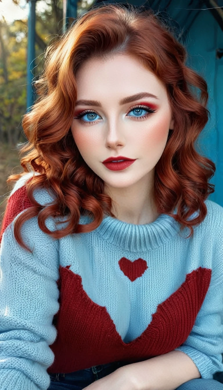 beautiful 20 year old woman, forming a heart with her fingers as gratitude and love, flirtatious look, libidinous lips, (well detailed eyes, light blue color, with crimson red makeup), (beautiful face in golden ratio), medium long wavy reddish hair ), with a low-cut sweater, light blue ripped camping jeans