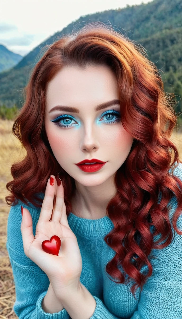 beautiful 20 year old woman, forming a heart with her fingers as gratitude and love, flirtatious look, libidinous lips, (well detailed eyes, light blue color, with crimson red makeup), (beautiful face in golden ratio), medium long wavy reddish hair ), with a low-cut sweater, light blue ripped camping jeans