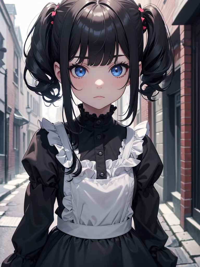 (8K, Best Quality, Masterpiece, Ultra High Resolution) Girl Toddler, Short, Beautiful Eyes, Face Details, Black Hair, Pigtails, Hair Bangs, Blue Eyes, Dark Circles Under Eyes, Pale Skin, Gothic, Short Maid Dress, Cute Black Dress, Dark Alleyway, Night Time, Masterpiece, Best Quality, Upper Body, Looking at the Viewer, Close Up