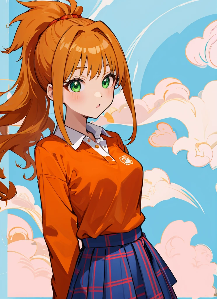 masterpiece, best quality, ultra-detailed, illustration, hino_akane_\(idolmaster\), 1girl, solo, long hair, high ponytail, orange hair, green eyes, upper body, japanese, , red shirt, polo shirt, long sleeves, sleeves rolled up, blue skirt, plaid skirt