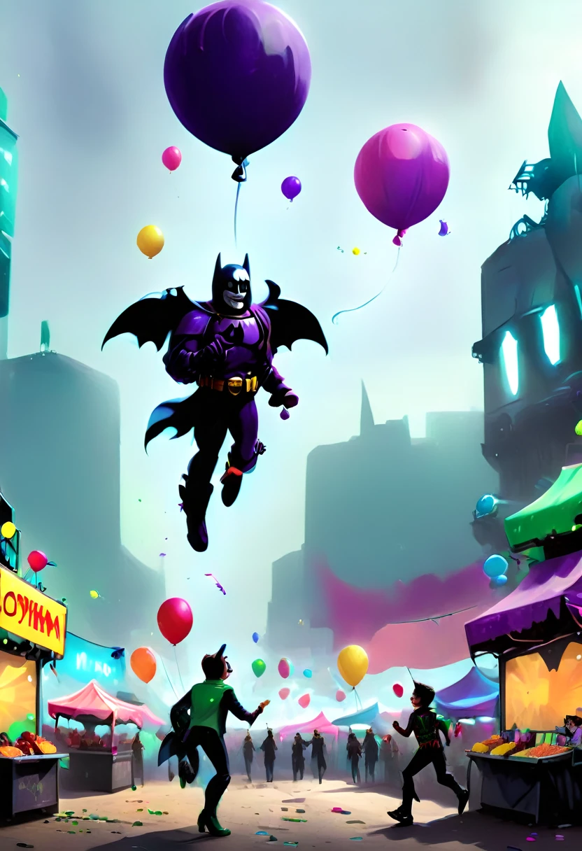 Create a vibrant, detailed image of Batman and the Joker having fun together at a lively festival in Gotham City. The scene must be full of colorful lights and market stalls, with a ferris wheel in the background lighting up the night sky. Batman is playing target practice, with a concentrated look, while the Joker, Next to you, laughs uncontrollably and throws confetti into the air. The streets are full of smiling people, children running with balloons and various food and game stalls. Add a touch of magic and enchantment to the festival, with details that show the city of Gotham in a rare moment of peace and joy. Capture the essence of the temporary truce between the two rivals, highlighting their expressions and friendly interactions.