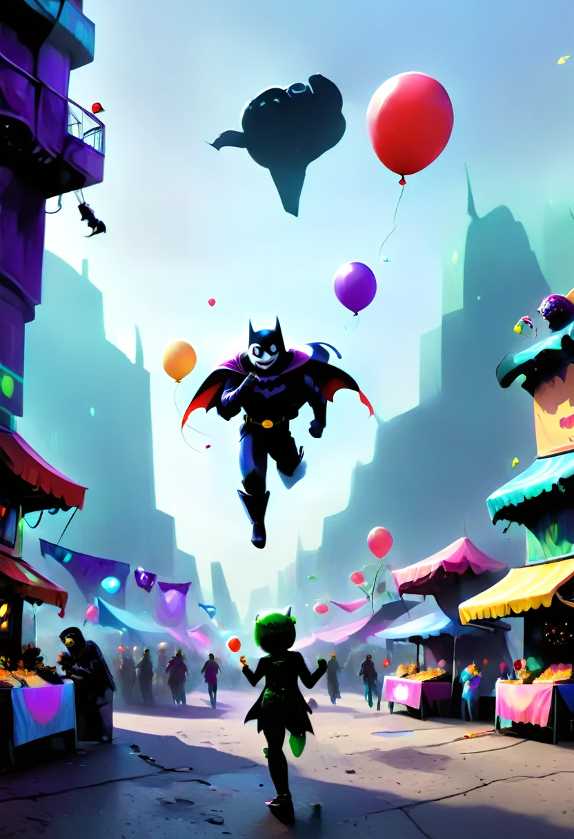 Create a vibrant, detailed image of Batman and the Joker having fun together at a lively festival in Gotham City. The scene must be full of colorful lights and market stalls, with a ferris wheel in the background lighting up the night sky. Batman is playing target practice, with a concentrated look, while the Joker, Next to you, laughs uncontrollably and throws confetti into the air. The streets are full of smiling people, children running with balloons and various food and game stalls. Add a touch of magic and enchantment to the festival, with details that show the city of Gotham in a rare moment of peace and joy. Capture the essence of the temporary truce between the two rivals, highlighting their expressions and friendly interactions.