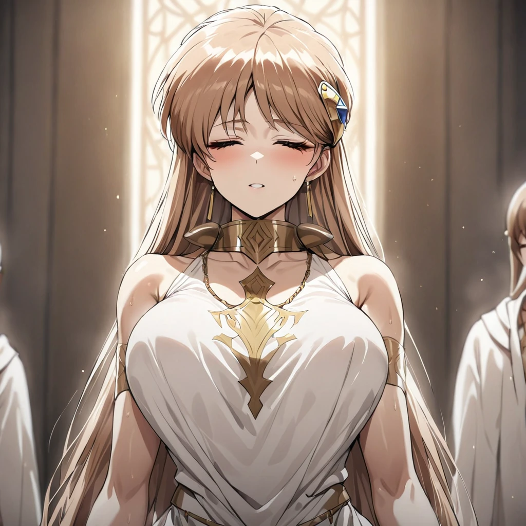 ((Highest quality)), ((masterpiece)), (detailed), （Perfect Face）、The woman is Princess Leona, a member of a mysterious religious organization with long, light brown hair, and is undergoing a baptism ceremony with other members from the cult leader.