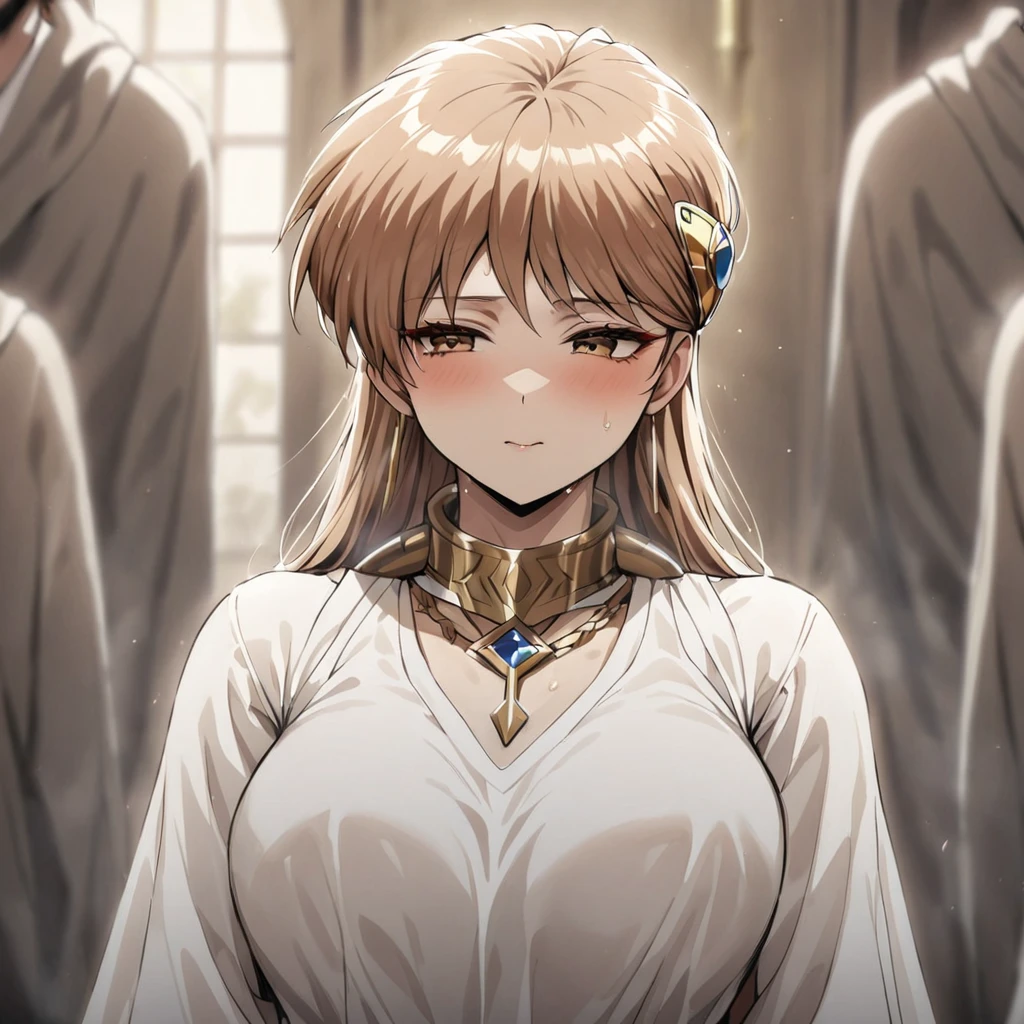 ((Highest quality)), ((masterpiece)), (detailed), （Perfect Face）、The woman is Princess Leona, a member of a mysterious religious organization with long, light brown hair, and is undergoing a baptism ceremony with other members from the cult leader.