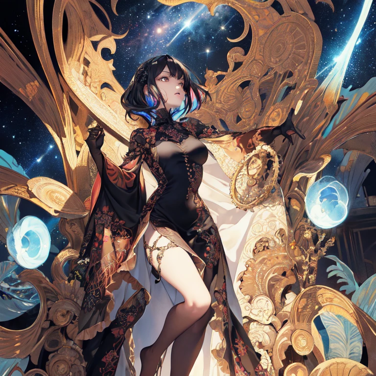 (masterpiece, top quality, best quality, official art, beautiful and aesthetic:1.2), (1girl), extreme detailed,(fractal art:1.3),colorful,highest detailed, (Flat color:1.1),(Colorful:1.3),(Masterpiece:1.2), Best quality, Masterpiece, Original, Full body photo, Very detailed wallpaper, Solo woman, starry night sky，Best quality, Masterpiece, (Realistic:0.6), Realistic lighting, Detailed， Complicated details， 4K， Line art， Fibonacci, 1 solo woman, black hair, goth queen, evil villainess, badass woman, beautiful gown, high-low dress, showing legs, dramatic dress, lots of embroidery, galaxy dress, night sky dress, celestial dress, evil goddess queen woman