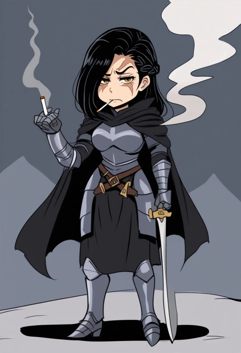 {{full body}} {{Artist: pepe_(jonasan))}} 1woman, mature woman, french braid, long hair, tall, black hair, golden eyes, looking tired, scar over left eye, black cloak, cape, black cape, looking down at viewer, smoking, dagger at hip, dagger, castle background, dark fantasy, cigarette in mouth, smoke from cigarette, detailed background, cold expression, armored, wearing armor, holding sword in one hand, stern expression, fully clothed