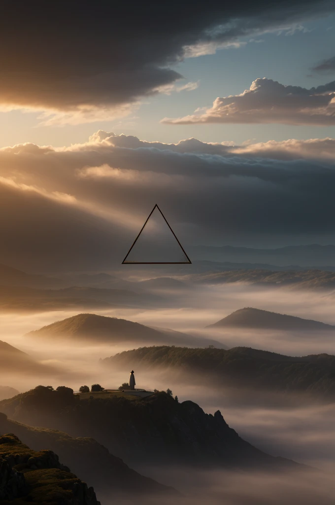 (ethereal sacred triangle line:1.3) floating in the sky, (radiant illumination:1.2) emanating from the triangle, surrounded by (dramatic clouds:1.1) with a strong contrast between (light and darkness), (cinematic lighting:1.2), divine and mystical atmosphere, (heavenly glow:1.1), inspired by Greg Rutkowski and Hayao Miyazaki, (8K resolution), (unreal engine), (artstation trending), (exquisite detail:1.2)