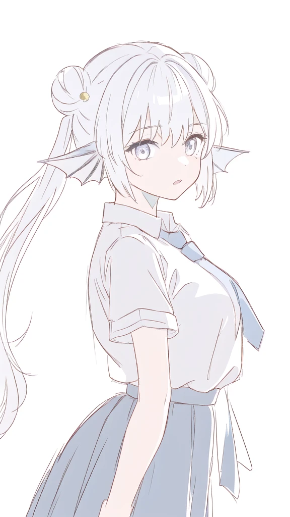 1girl,20 years old,solo,long hair,white hair,finana,twintails,double bun,((white shirt,short sleeves,standart tie,skirt)),(white background,sketch),