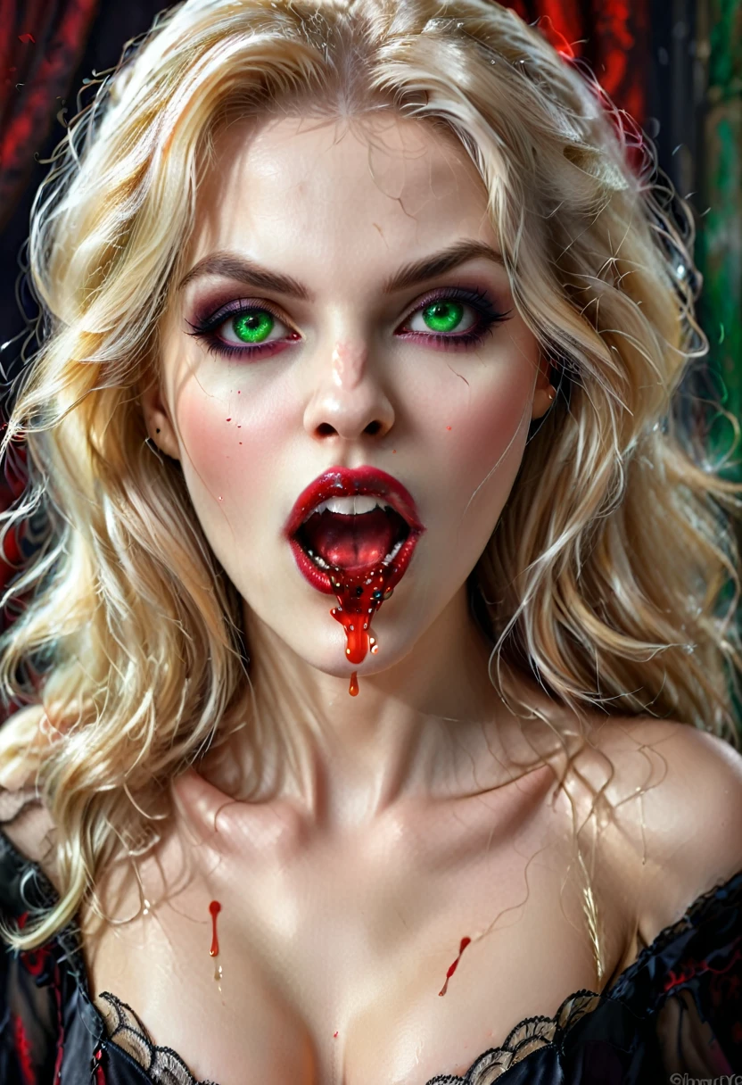 ((a photorealistic portrait of an exquisite, glamour female vampire: 1.5)) , pale face, blond hair, long vibrant shiny hair, glamorous hair, emerald green eyes, deep penetrating eyes, red lips, lustful lips, ((two vampiric fangs: 1.5), drops of blood dripping from the mouth, ((1920's style: 1.5)), (highest quality:1.2, Very detailed, up to date, Vibrant, Ultra-high resolution, High Contrast, masterpiece:1.2, highest quality, Best aesthetics), best details, best quality, highres, ultra wide angle, 16k, [ultra detailed], masterpiece, best quality, (extremely detailed), Genetically modified..., Cinematic Hollywood Film, traditional watercolor painting