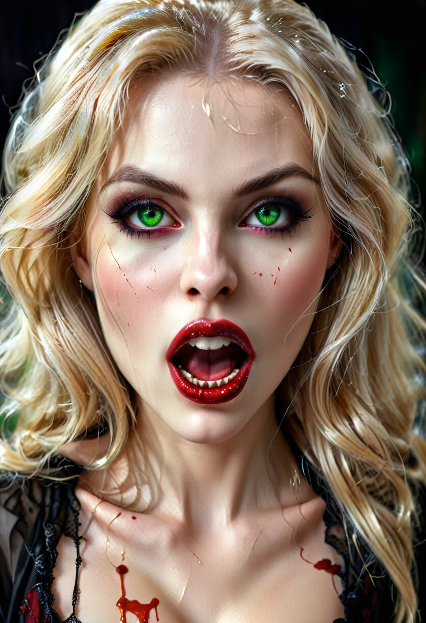 ((a photorealistic portrait of an exquisite, glamour female vampire: 1.5)) , pale face, blond hair, long vibrant shiny hair, glamorous hair, emerald green eyes, deep  eyes, red lips,  lips, ((two vampiric fangs: 1.5), drops of blood dripping from the mouth, ((1920's style: 1.5)), (highest quality:1.2, Very detailed, up to date, Vibrant, Ultra-high resolution, High Contrast, masterpiece:1.2, highest quality, Best aesthetics), best details, best quality, highres, ultra wide angle, 16k, [ultra detailed], masterpiece, best quality, (extremely detailed), Genetically modified..., Cinematic Hollywood Film, traditional watercolor painting