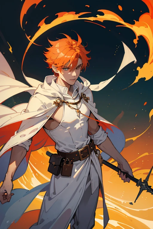 A male sorcerer with short, up and side spiky, orange hair, wearing white robe with a big belt and a pouch on his side, holding a long magic staff with a d20 dice at the top and is standing proudly in an empty street, ((Highest Definition, 8k, Masterpiece: 1.3, goodnegativeimage))