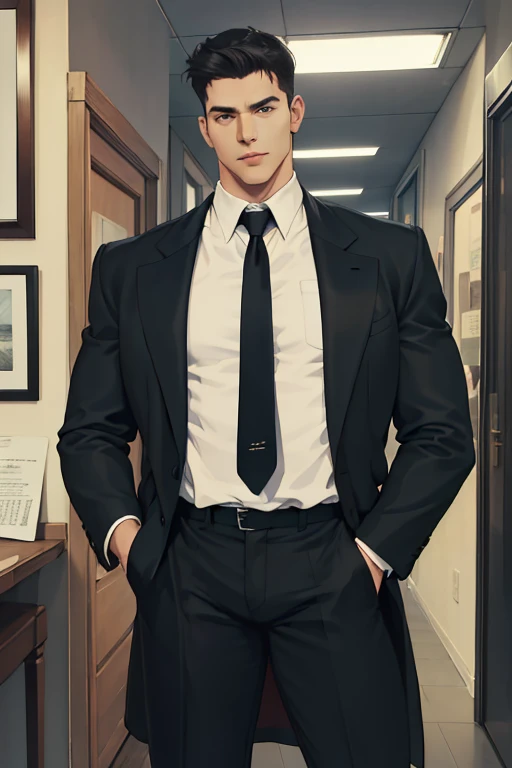 (absurderes、hight resolution、Ultra-detail、realisitic、)、1 male、solo、AS-Adult、mature、Tall and muscular man、broad shoulder、a handsome、(Bery short hair:1.4)、angular jaws、thick neck、thick eyebrows、a closed mouth、suits, portlate, extra detailed face, Photojournalism, documentary photography, Visual Storytelling, Capture the moment, Historical record, Comments from the society, Powerful image, Black soft leather coat,cowboy  shot, hands in the pocket, office setting