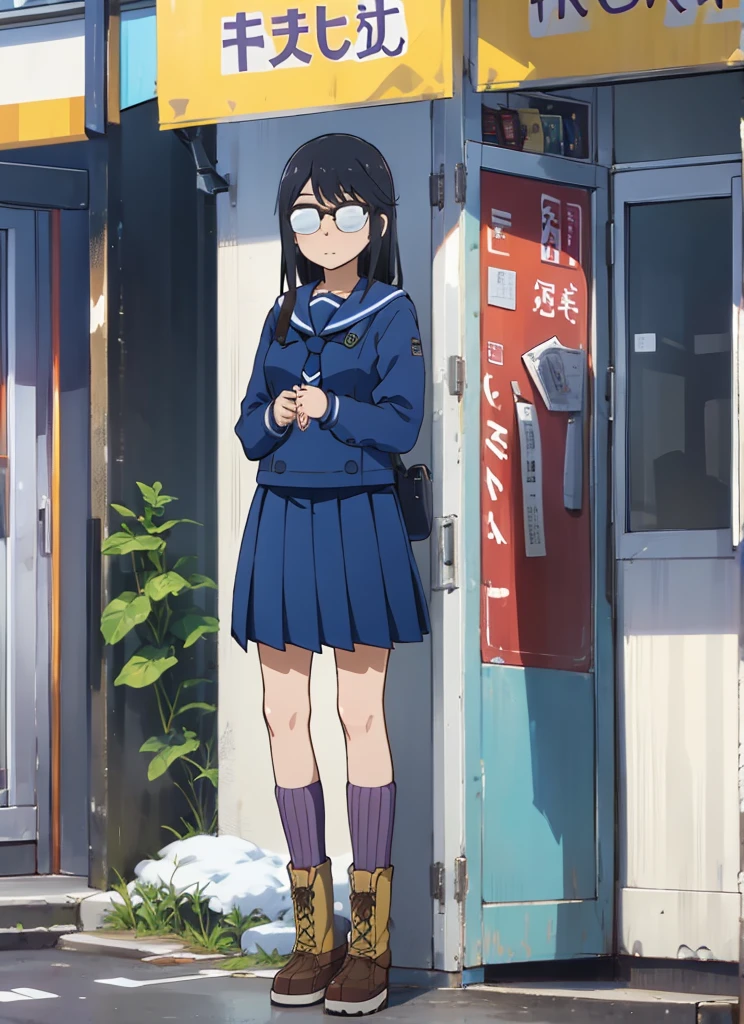 masterpiece, best quality, ultra-detailed, illustration, 1girl, solo, oono_makoto-bsf, long hair, black hair, sidelocks, glasses, opaque glasses, over-rim eyewear, winter uniform, blue serafuku, blue shirt, necktie, long sleeves, blue skirt, pleated skirt, medium skirt, ribbed legwear, kneehighs, purple legwear, boots, cross-laced footwear, two-tone footwear, yellow footwear, brown footwear, , standing, outdoors