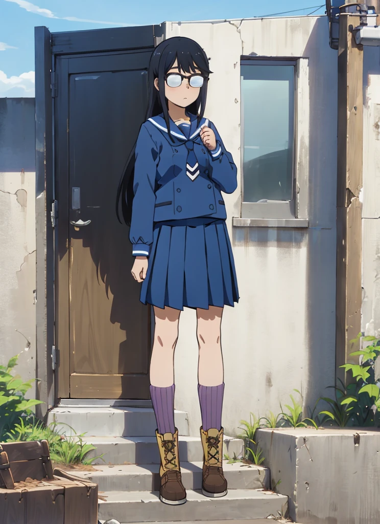 masterpiece, best quality, ultra-detailed, illustration, 1girl, solo, oono_makoto-bsf, long hair, black hair, sidelocks, glasses, opaque glasses, over-rim eyewear, winter uniform, blue serafuku, blue shirt, necktie, long sleeves, blue skirt, pleated skirt, medium skirt, ribbed legwear, kneehighs, purple legwear, boots, cross-laced footwear, two-tone footwear, yellow footwear, brown footwear, , standing, outdoors