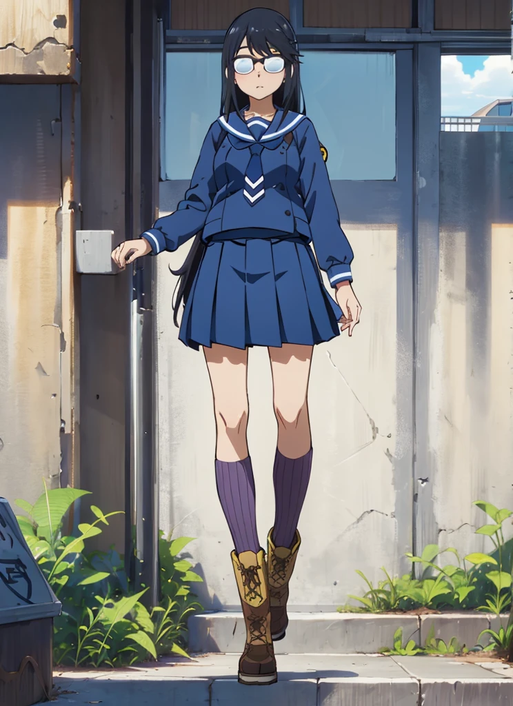 masterpiece, best quality, ultra-detailed, illustration, 1girl, solo, oono_makoto-bsf, long hair, black hair, sidelocks, glasses, opaque glasses, over-rim eyewear, winter uniform, blue serafuku, blue shirt, necktie, long sleeves, blue skirt, pleated skirt, medium skirt, ribbed legwear, kneehighs, purple legwear, boots, cross-laced footwear, two-tone footwear, yellow footwear, brown footwear, , standing, outdoors