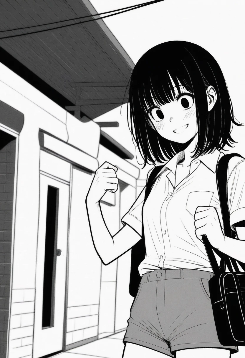 masterpiece, best quality, 1girl, mamerakkkkko, grayscale, manga style, japanese, chi no wadachi, black eyes, street, iced, black hair, schoolbag, smile, lineart, white background, white shirt, grey shorts, centered
