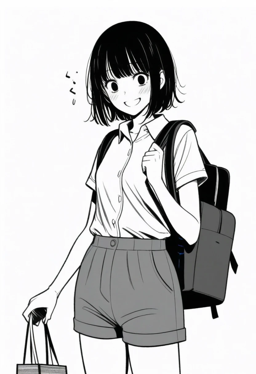 masterpiece, best quality, 1girl, mamerakkkkko, grayscale, manga style, japanese, chi no wadachi, black eyes, street, iced, black hair, schoolbag, smile, lineart, white background, white shirt, grey shorts, centered