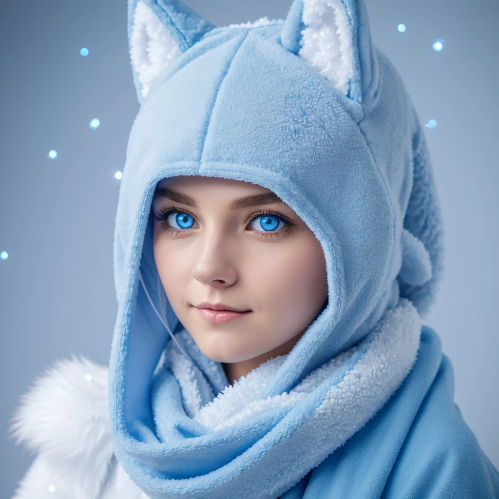 Female light blue anthropomorphic wolf inner ears a slightly deeper shade of blue and tail tip slightly darker shade of blue, blue eyes, slightly darker shade of blue covering one eye, white scarf with light blue snowflake pattern, white snowflake clip on head on the right side.