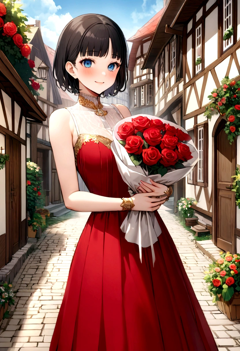   Linda, Brazilian Nippon, age 25, blue eyes detailed straight black hair short bangs, developed model body, beautiful body elegant beautiful face young , with an air of holiness, Grinning, seeing the sky,  wearing a long, loose red dress and white shoes, hugging with bouquet of red roses, white, golden gilts with great joy in a German village 