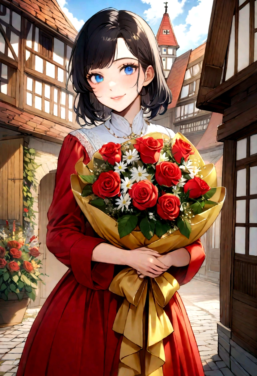   Linda, Brazilian Nippon, age 25, blue eyes detailed straight black hair short bangs, developed model body, beautiful body elegant beautiful face young , with an air of holiness, Grinning, seeing the sky,  wearing a long, loose red dress and white shoes, hugging with bouquet of red roses, white, golden gilts with great joy in a German village 
