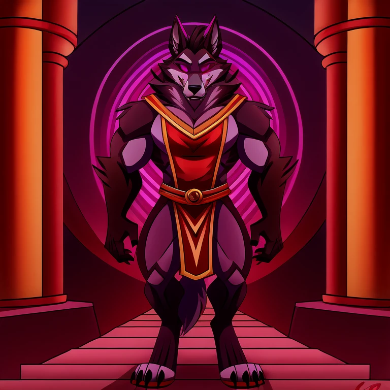 (masterpiece, best quality:1.2), army of Vortex hellhounds, wolves, furry, helluva boss, yellow_tabard, tribal clothes, hypnotized with completely spyral glowing purple eyes with no irises or pupils, formed in rows, full body image, temple background