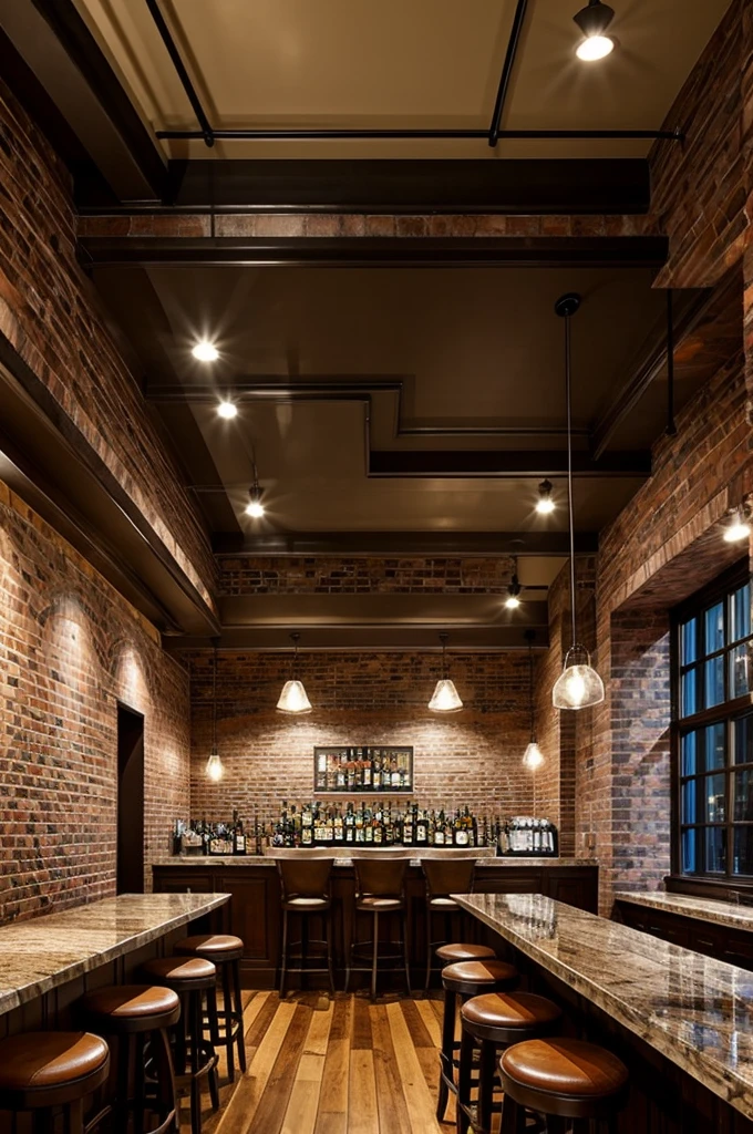 A hotel bar with walls painted a matte color with exposed brick decoration. And a hardwood floor,