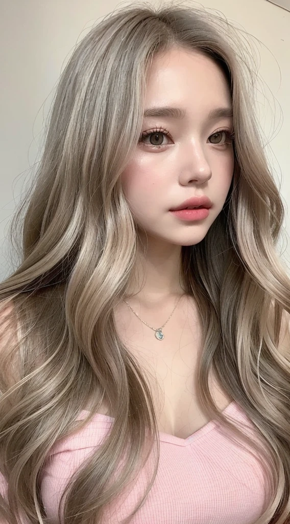 girl with long blonde hair with waves and gray eyes , big lips pink cheeks very beautiful realistic version of spectacular body latin face Whole body 