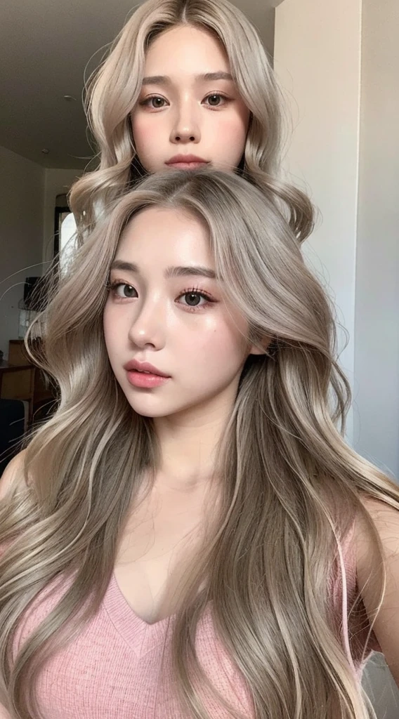 girl with long blonde hair with waves and gray eyes , big lips pink cheeks very beautiful realistic version of spectacular body latin face Whole body