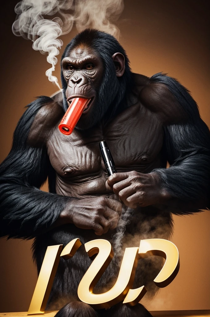 Angy ape with a vape pen in hes mouth woth a big letter v
