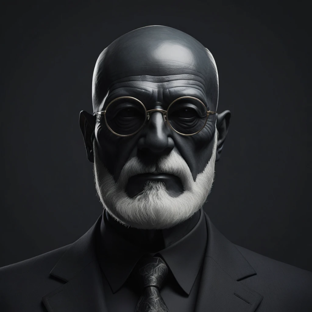 Futuristic minimalist singularity, simple dark background, duality, humano Sigmund Freud.