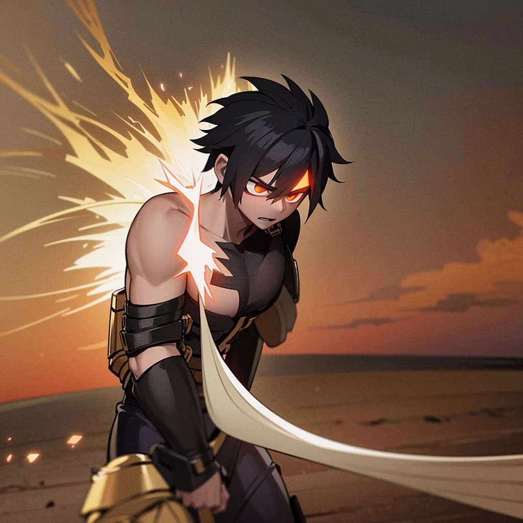 On a nighttime battlefield, Katsuki Bakugo stands in an aggressive stance, clad in his black and orange hero costume. His muscles are tense, poised to unleash a devastating explosion. His spiky blond hair adds to his fierce demeanor, reflecting his intense determination.

Facing him, Jun Hime stands with grace, her gaze focused and features determined. She wears an elegant warrior's attire, with subtle magical patterns glowing faintly. Her long black hair flows lightly around her, accentuating her mysterious and powerful aura.

The scene is animated with bursts of magical light and flying debris, showcasing the intensity of the battle. Sparks fly from Katsuki's hands as he prepares for an explosive attack, contrasting with Jun's graceful and precise movements as she prepares a magical counter-attack.

The night sky is dotted with twinkling stars, adding an epic atmosphere to the confrontation between these two powerful heroes. The background shows urban ruins, underscoring the high stakes of their clash.