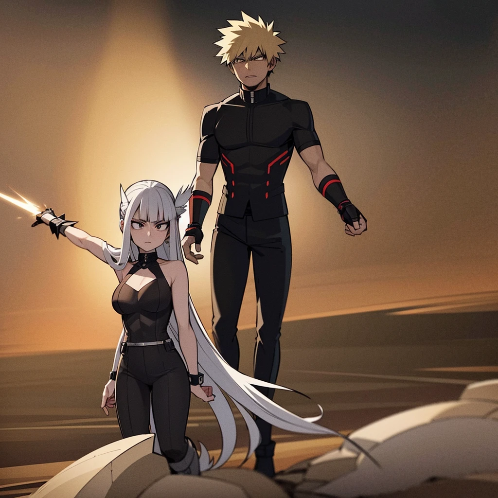 On a nighttime battlefield, Katsuki Bakugo stands in an aggressive stance, clad in his black and orange hero costume. His muscles are tense, poised to unleash a devastating explosion. His spiky blond hair adds to his fierce demeanor, reflecting his intense determination.

Facing him, Jun Hime stands with grace, her gaze focused and features determined. She wears an elegant warrior's attire, with subtle magical patterns glowing faintly. Her long black hair flows lightly around her, accentuating her mysterious and powerful aura.

The scene is animated with bursts of magical light and flying debris, showcasing the intensity of the battle. Sparks fly from Katsuki's hands as he prepares for an explosive attack, contrasting with Jun's graceful and precise movements as she prepares a magical counter-attack.

The night sky is dotted with twinkling stars, adding an epic atmosphere to the confrontation between these two powerful heroes. The background shows urban ruins, underscoring the high stakes of their clash.