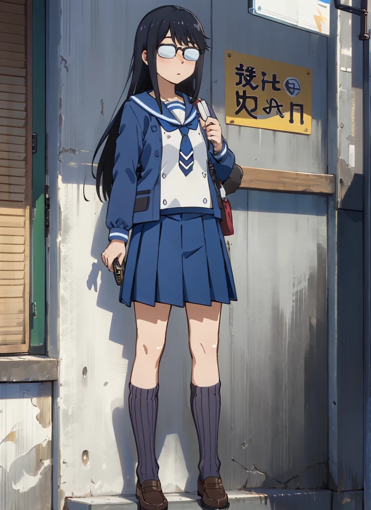 masterpiece, best quality, ultra-detailed, illustration, 1girl, solo, oono_makoto-bsf, long hair, black hair, sidelocks, glasses, opaque glasses, over-rim eyewear, winter uniform, blue serafuku, blue shirt, necktie, long sleeves, blue skirt, pleated skirt, medium skirt, ribbed legwear, kneehighs,((nsfw)), standing, outdoors