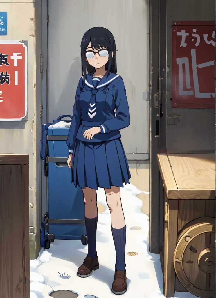 masterpiece, best quality, ultra-detailed, illustration, 1girl, solo, oono_makoto-bsf, long hair, black hair, sidelocks, glasses, opaque glasses, over-rim eyewear, winter uniform, blue serafuku, blue shirt, necktie, long sleeves, blue skirt, pleated skirt, medium skirt, ribbed legwear, kneehighs,((nsfw)), standing, outdoors