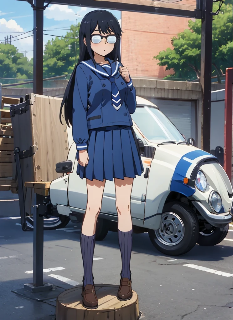 masterpiece, best quality, ultra-detailed, illustration, 1girl, solo, oono_makoto-bsf, long hair, black hair, sidelocks, glasses, opaque glasses, over-rim eyewear, winter uniform, blue serafuku, blue shirt, necktie, long sleeves, blue skirt, pleated skirt, medium skirt, ribbed legwear, kneehighs,((nsfw)), standing, outdoors