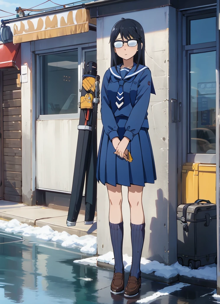 masterpiece, best quality, ultra-detailed, illustration, 1girl, solo, oono_makoto-bsf, long hair, black hair, sidelocks, glasses, opaque glasses, over-rim eyewear, winter uniform, blue serafuku, blue shirt, necktie, long sleeves, blue skirt, pleated skirt, medium skirt, ribbed legwear, kneehighs,((nsfw)), standing, outdoors