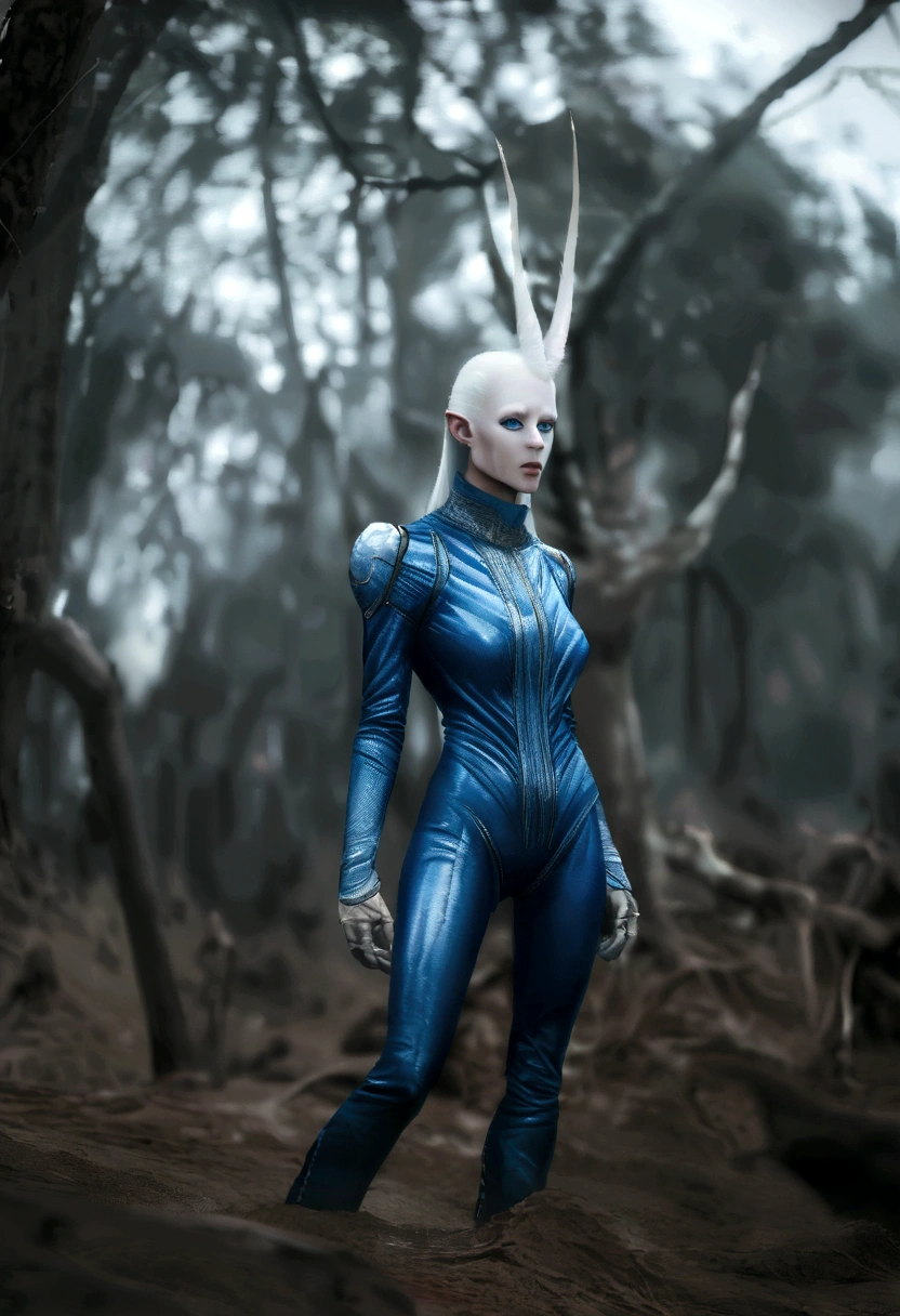 Extraterrestrial being human hybrid of alfacenrauri, altura 2 m 95, delgado, in silver or blue overalls, em breve, Branco, Albino, human ear and half-alien elf, aspecto angelical;