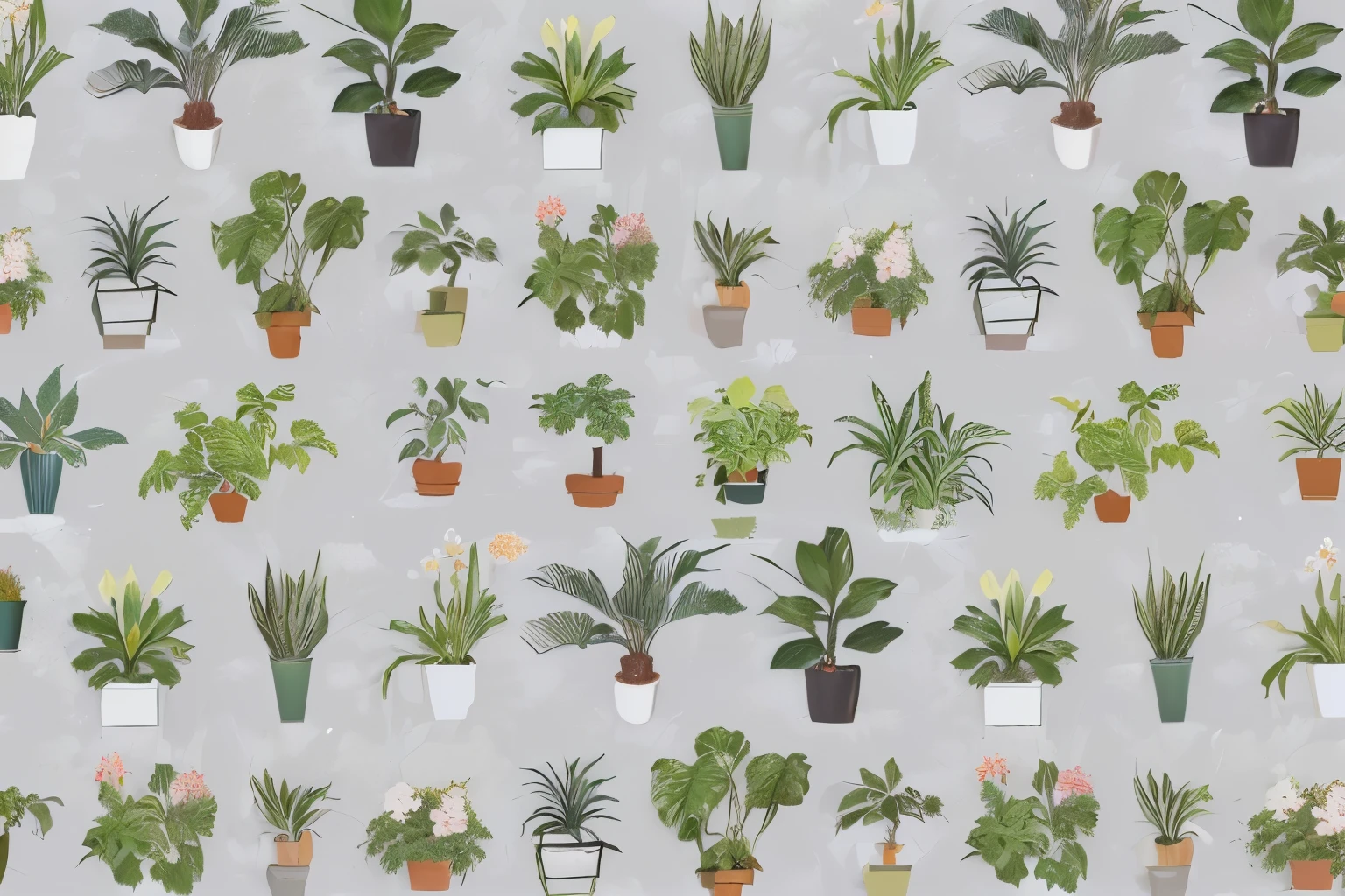 a seamless pattern of potted house plants on a gray background, plants allover, plant patterns, pot plants, lots of plants, many plants, plants everywhere, house plants, some plants, houseplants, some plant life, potted plants, detailed beautiful plants, plants and flowers, tropical houseplants, detailed plants, pots with plants, urban jungle plants, cats and plants