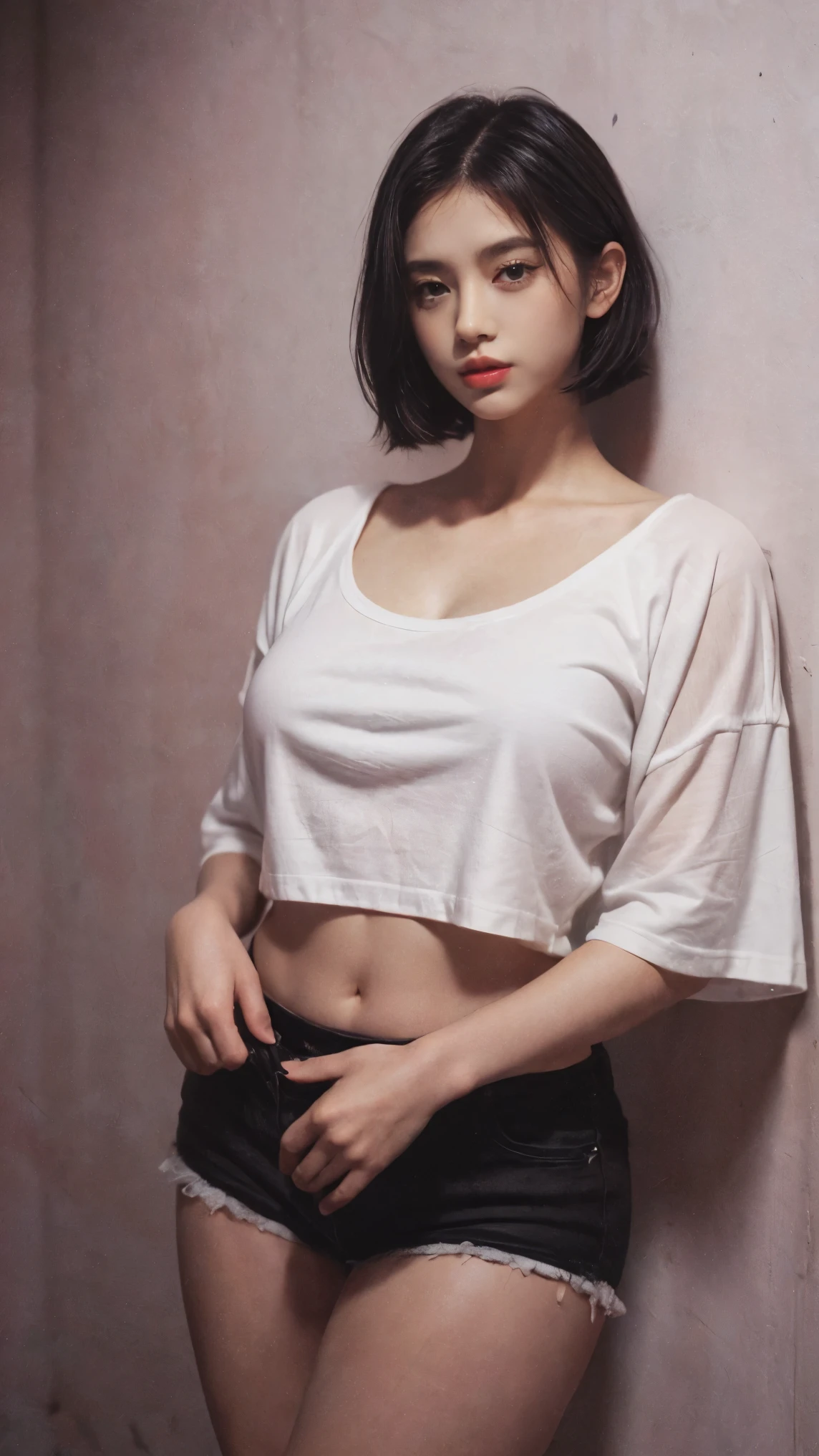 21yo girl, black bob hairstyles background. (Wearing white oversize tshirt, show shoulders), wearing , , plump body, hands on the wall, back to back, face forward. Dark background. Voncrete background. Magenta Polaroid. Retro. Flash light