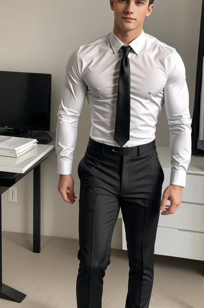 Handsome 20-year-old boy in  of black pants and white long-sleeved buttoned shirt with tie and muscular with his shirt uncovered showing his chest and stocky